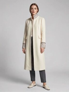 Zara Cream Long Trench Coat with Embroidered Collar & Cuffs